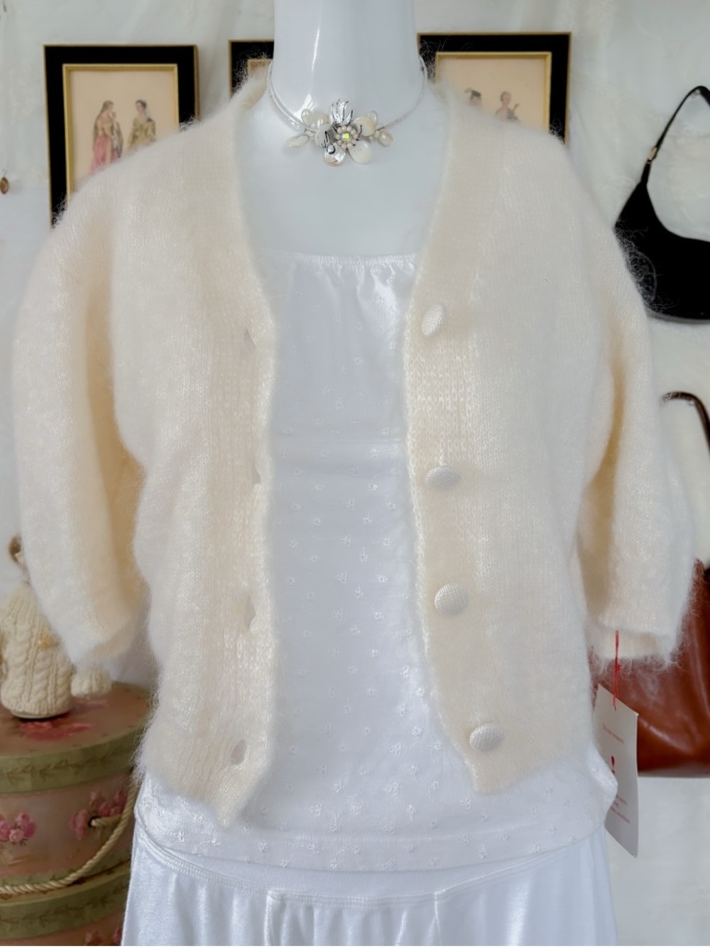 Romantic coquette minimalist timeless chic French girly mohair blend cardigan - Picture 3 of 8